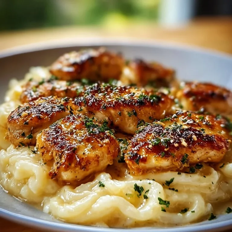 Creamy garlic parmesan chicken served with herbs and pasta