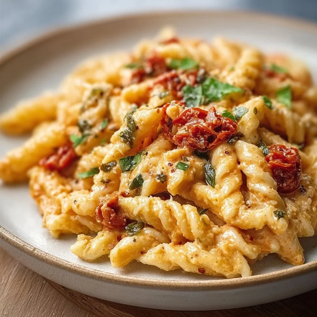 Creamy sun-dried tomato pasta with fresh herbs and cheese