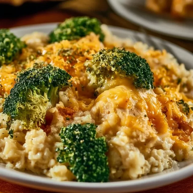 Crockpot Broccoli Cheddar Chicken and Rice in a serving dish with fresh herbs