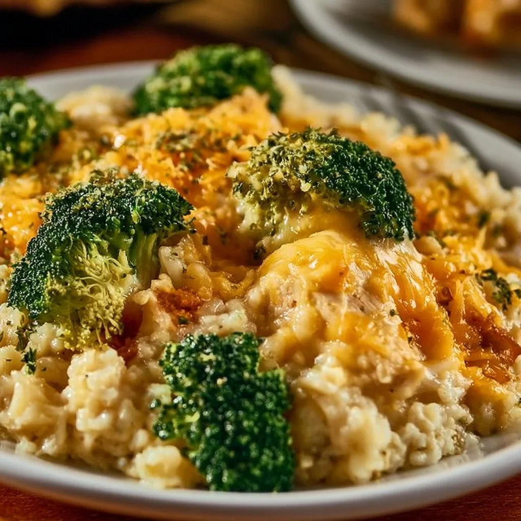 Crockpot Broccoli Cheddar Chicken and Rice in a serving dish with fresh herbs
