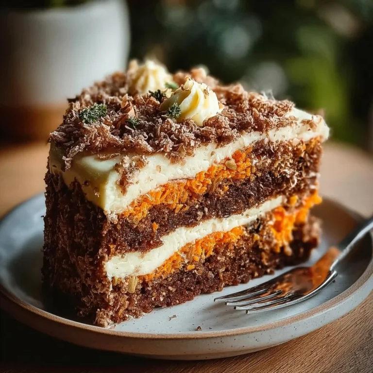 Decadent Brazilian carrot cake topped with chocolate frosting and garnished.