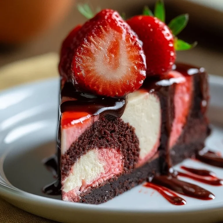 Decadent chocolate strawberry swirl cheesecake topped with fresh strawberries