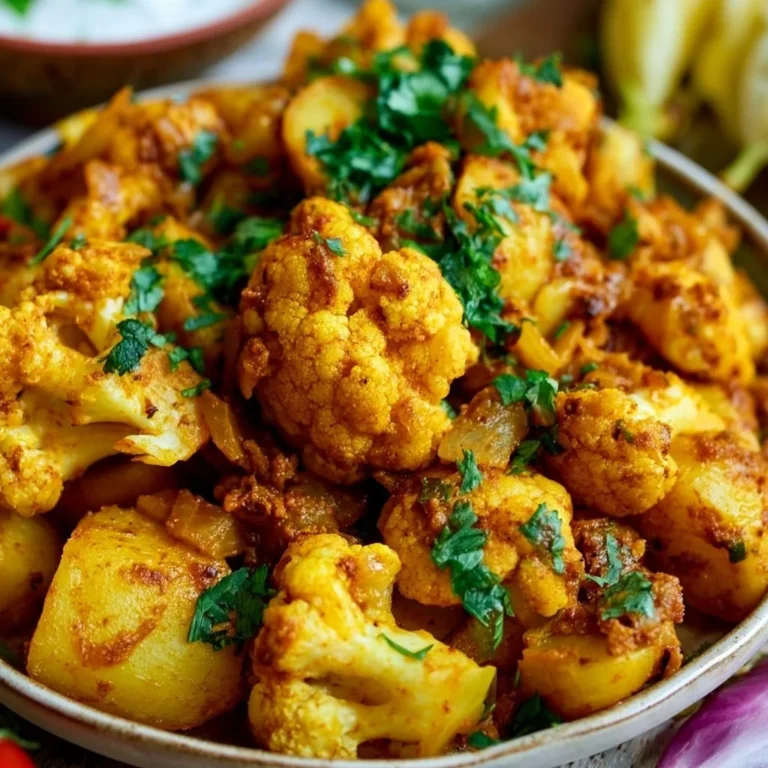 Aloo Gobi with potatoes and cauliflower seasoned with Indian spices
