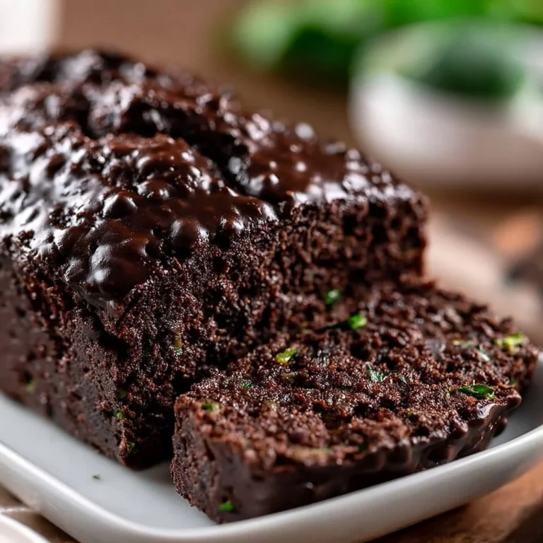 Double dark chocolate zucchini bread baked and sliced on a wooden board
