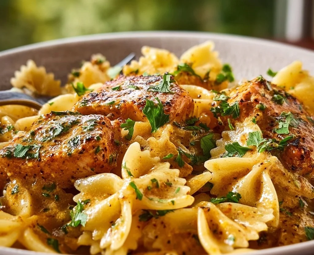 Delicious cowboy butter chicken pasta served in a bowl garnished with herbs.