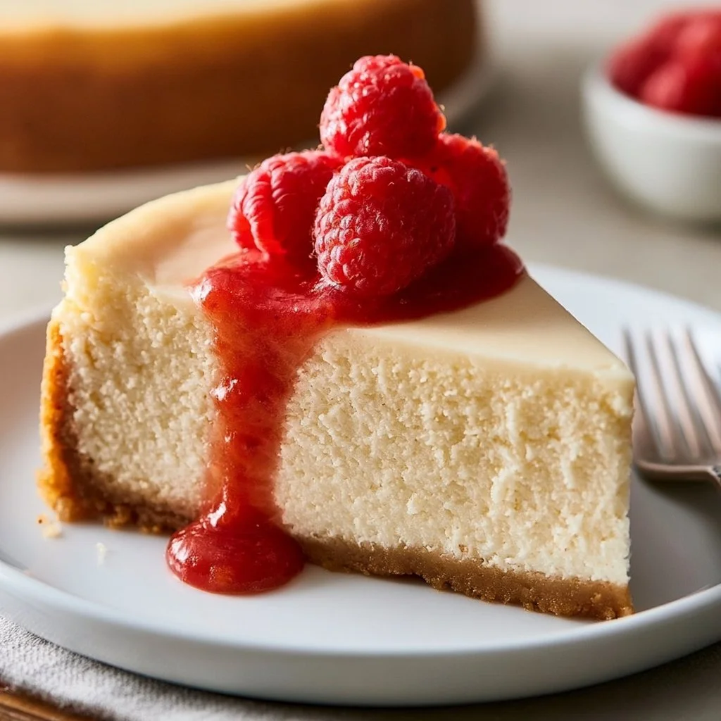Slice of Easy New York Cheesecake with fresh berries on top