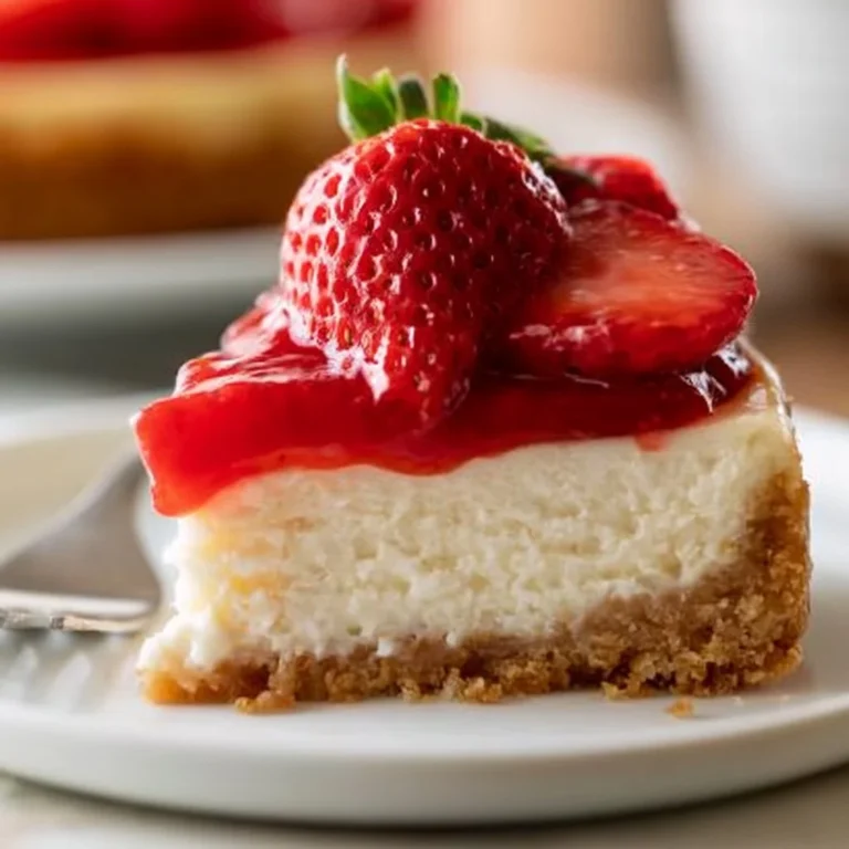 Delicious easy strawberry cheesecake topped with fresh strawberries