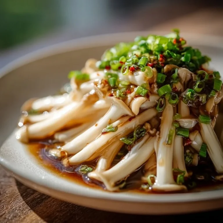 Enoki mushrooms sautéed in garlic and scallion sauce