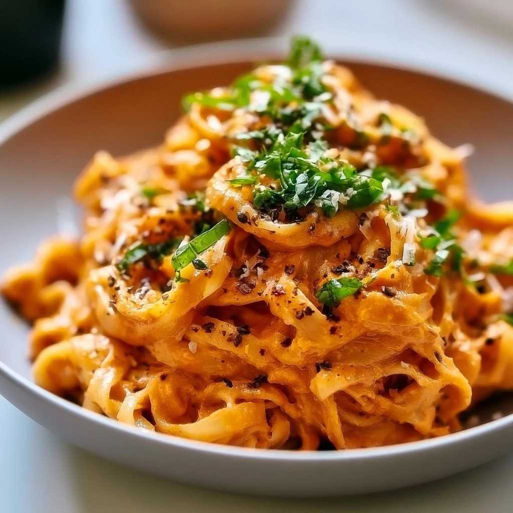 Plate of extra creamy gochujang pasta garnished with herbs and spices