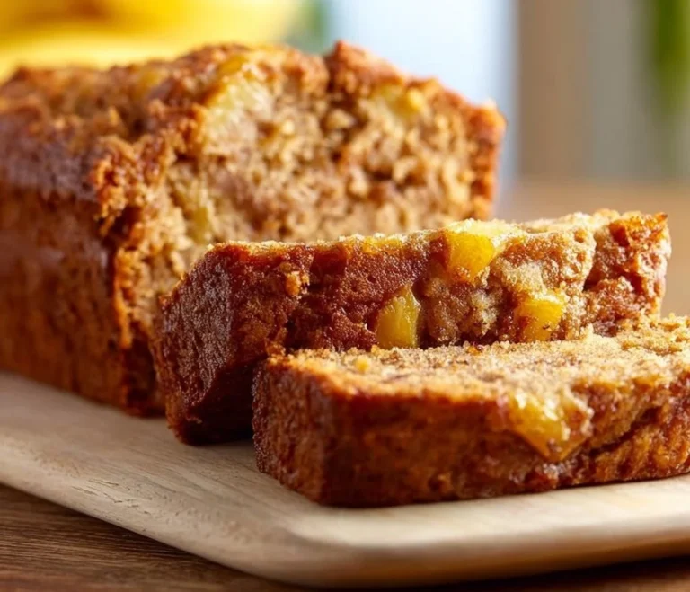 Slice of Hawaiian banana bread topped with crushed pineapple on a wooden table