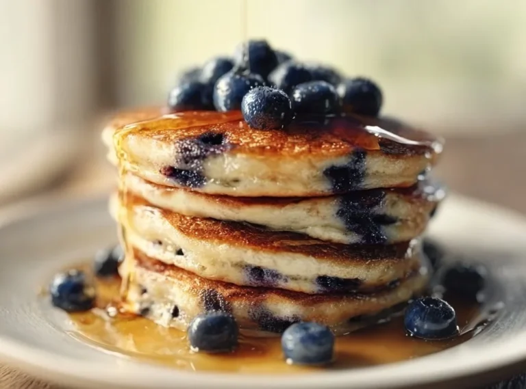 Fluffy gluten-free blueberry pancakes served with fresh blueberries and syrup