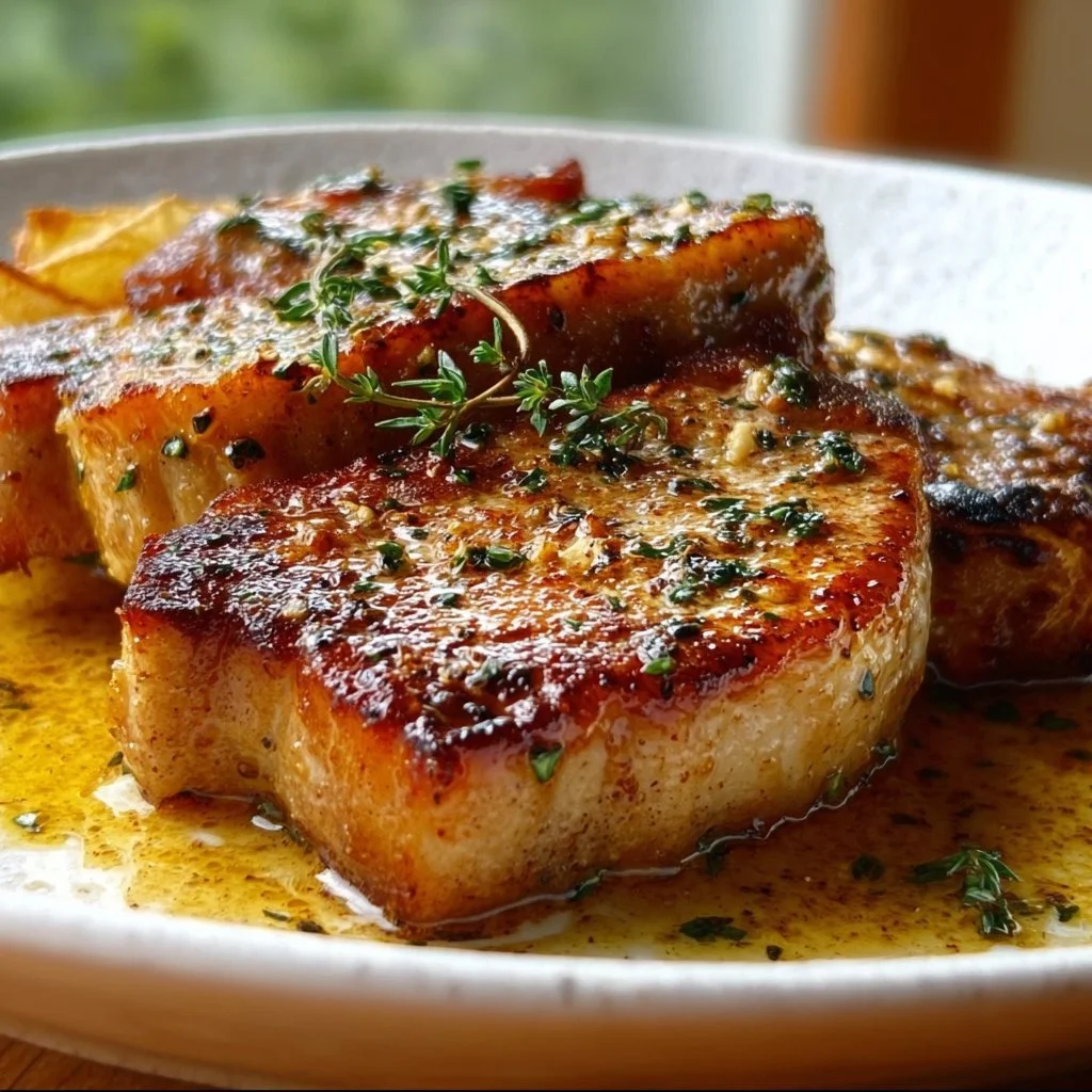 Cooked Garlic Butter Pork Chops garnished with herbs on a plate