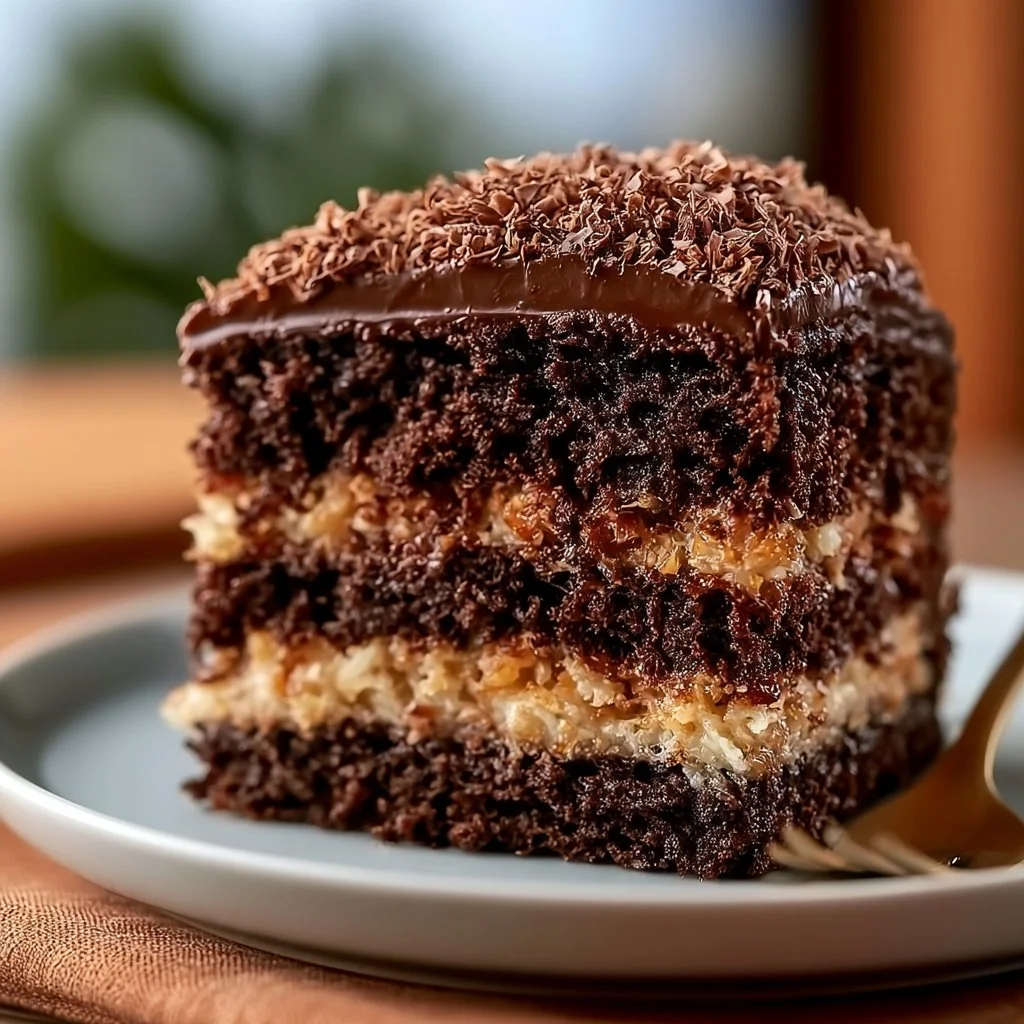 Delicious German Chocolate Cake with coconut frosting on a vintage plate