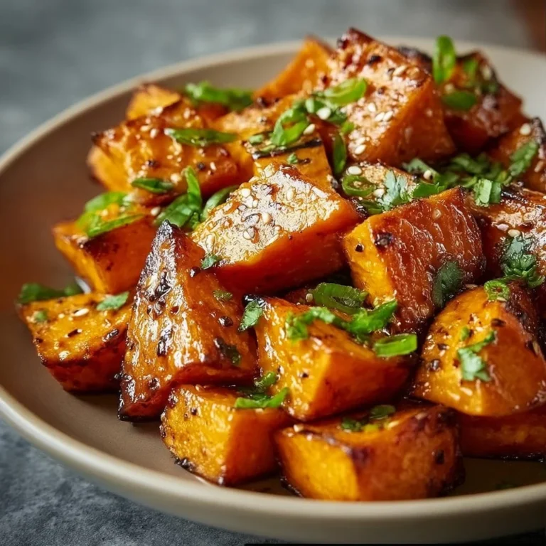 A bowl of ginger miso roasted sweet potatoes with a vibrant glaze.