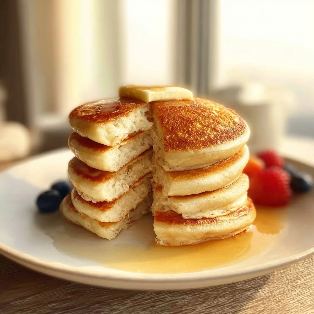 Fluffy gluten free pancakes served with fresh fruit and syrup