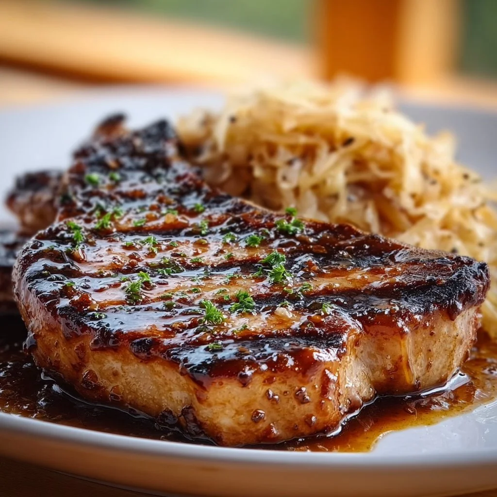 Grilled brown sugar pork chops with caramelized glaze and sauerkraut on a plate