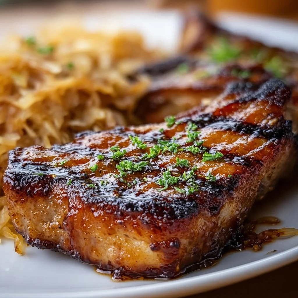 Grilled Brown Sugar Pork Chops with Caramelized Glaze and Fermented Sauerkraut