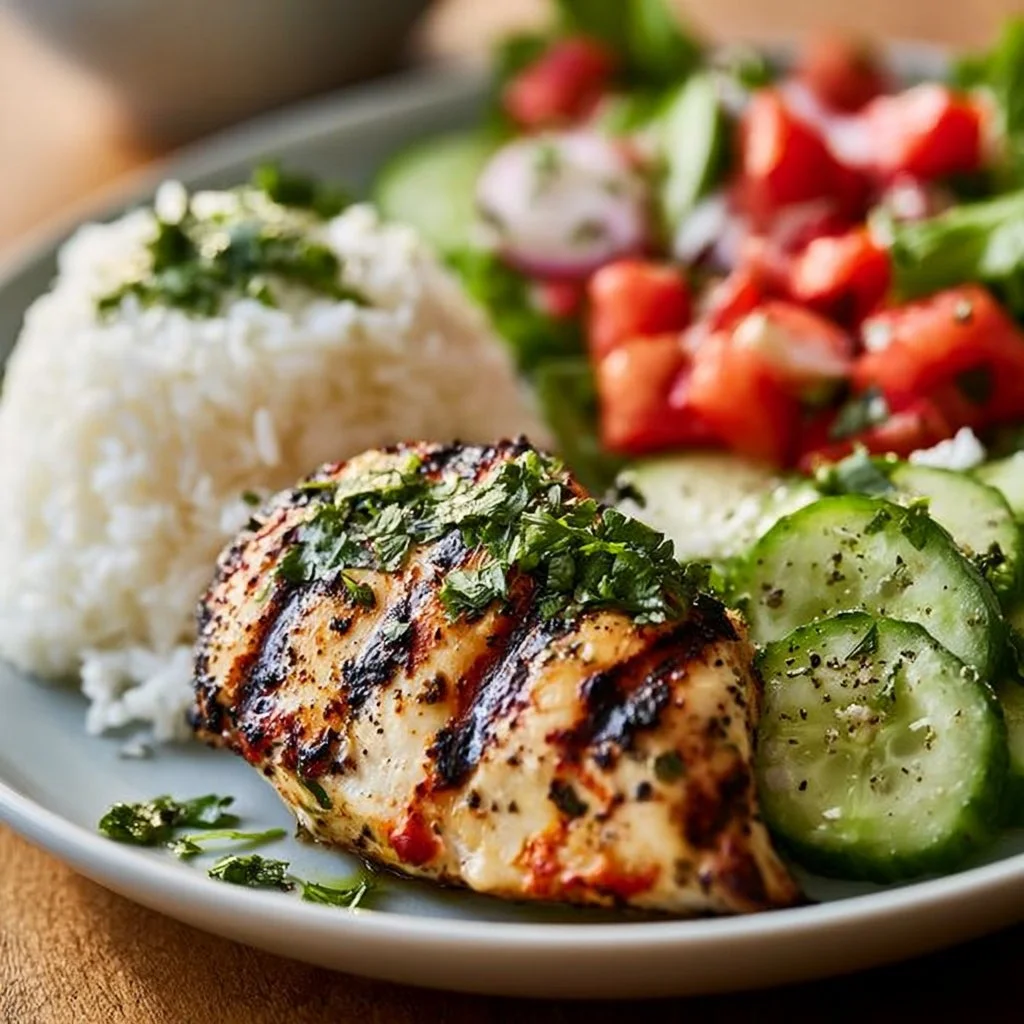 Grilled chicken with fluffy rice and a fresh garden salad on a plate