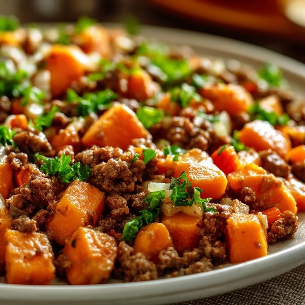 Ground Beef and Sweet Potato Skillet served in a pan