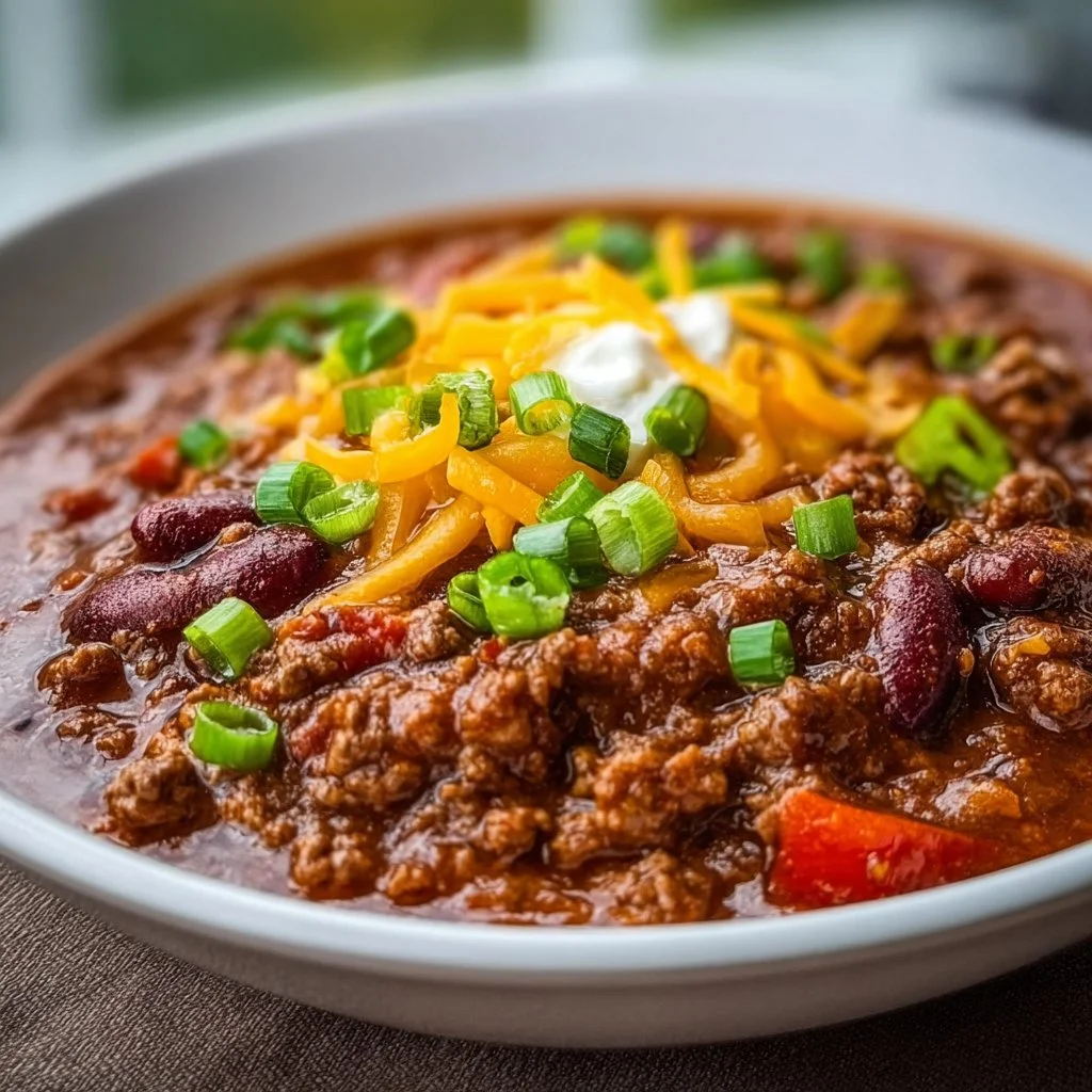 Delicious bowl of ground beef chili garnished with toppings