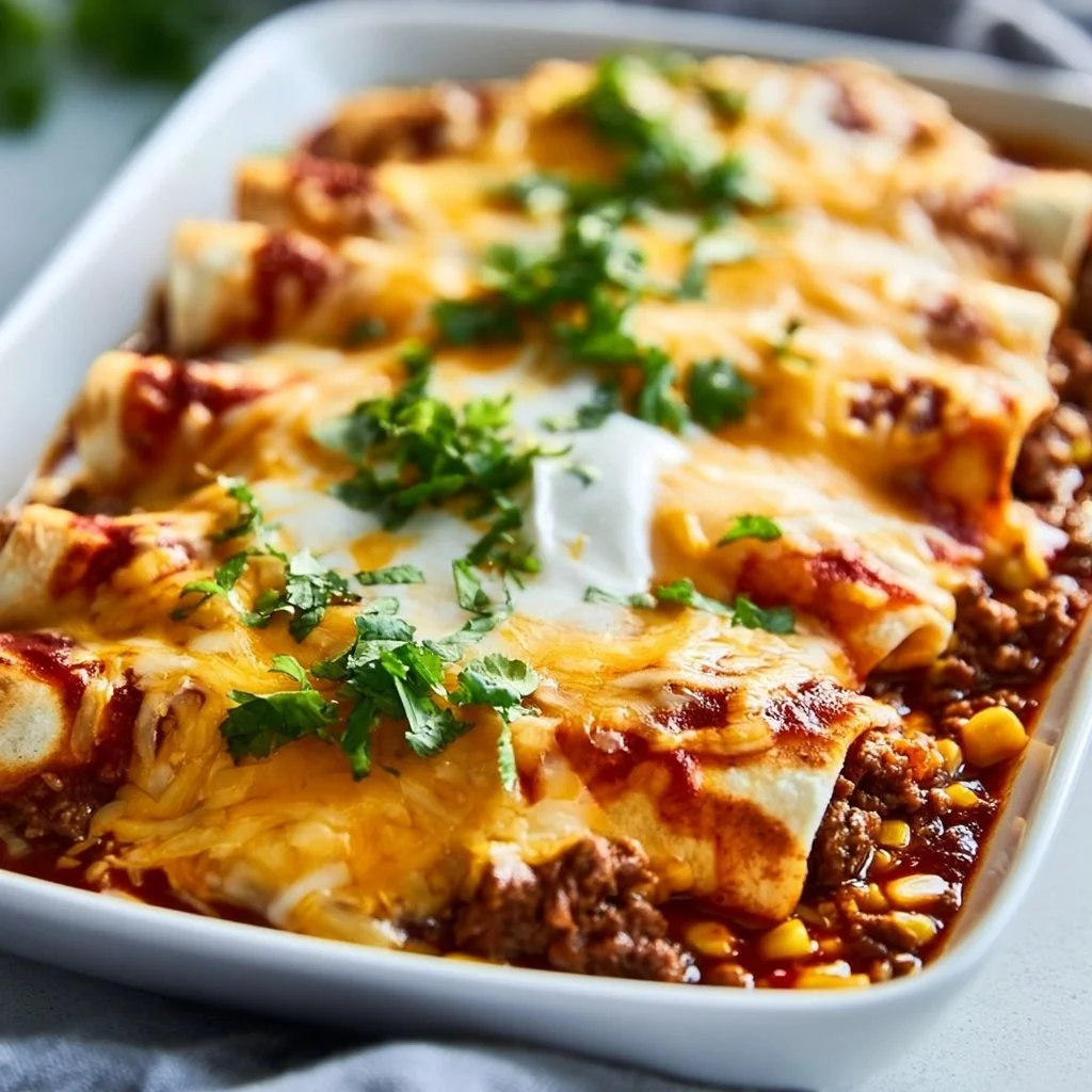 Delicious ground beef enchiladas topped with cheese and served in a skillet