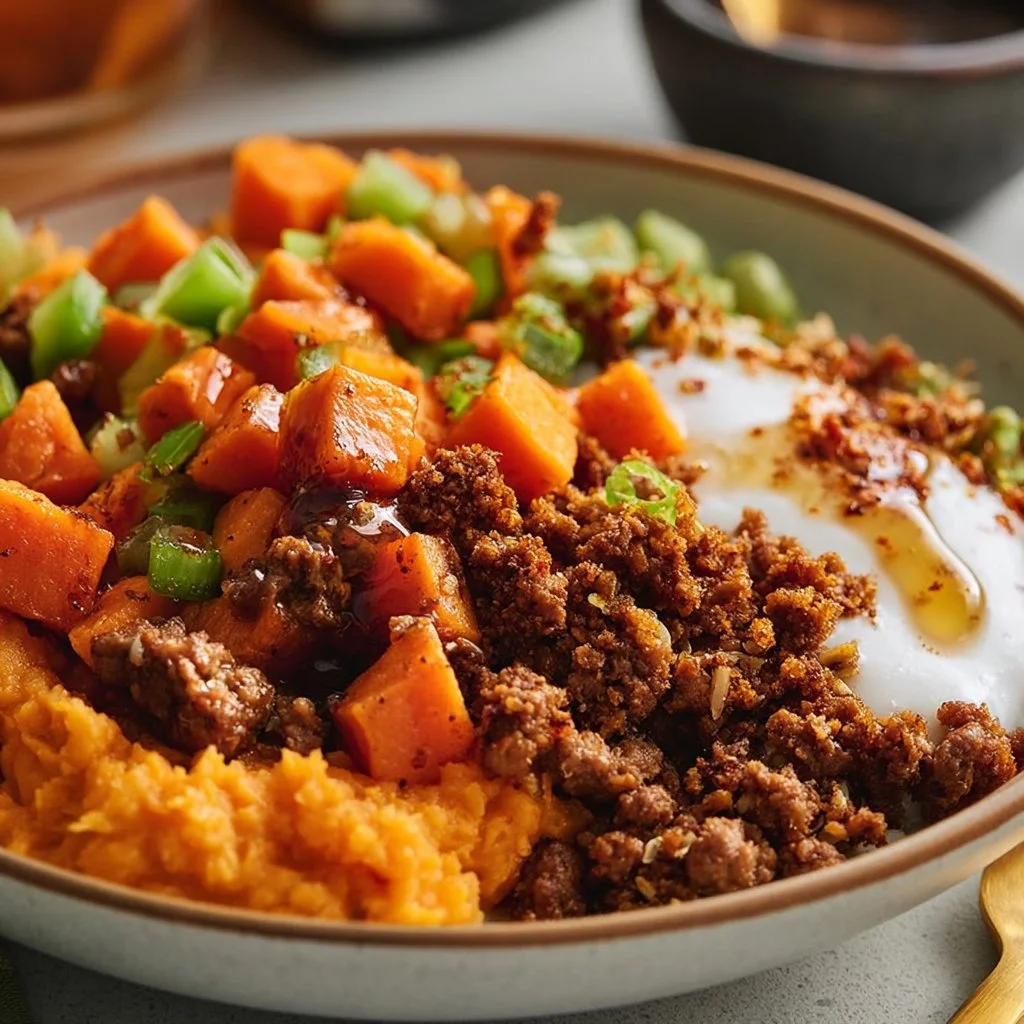 Ground Beef Sweet Potato Bowl with Hot Honey