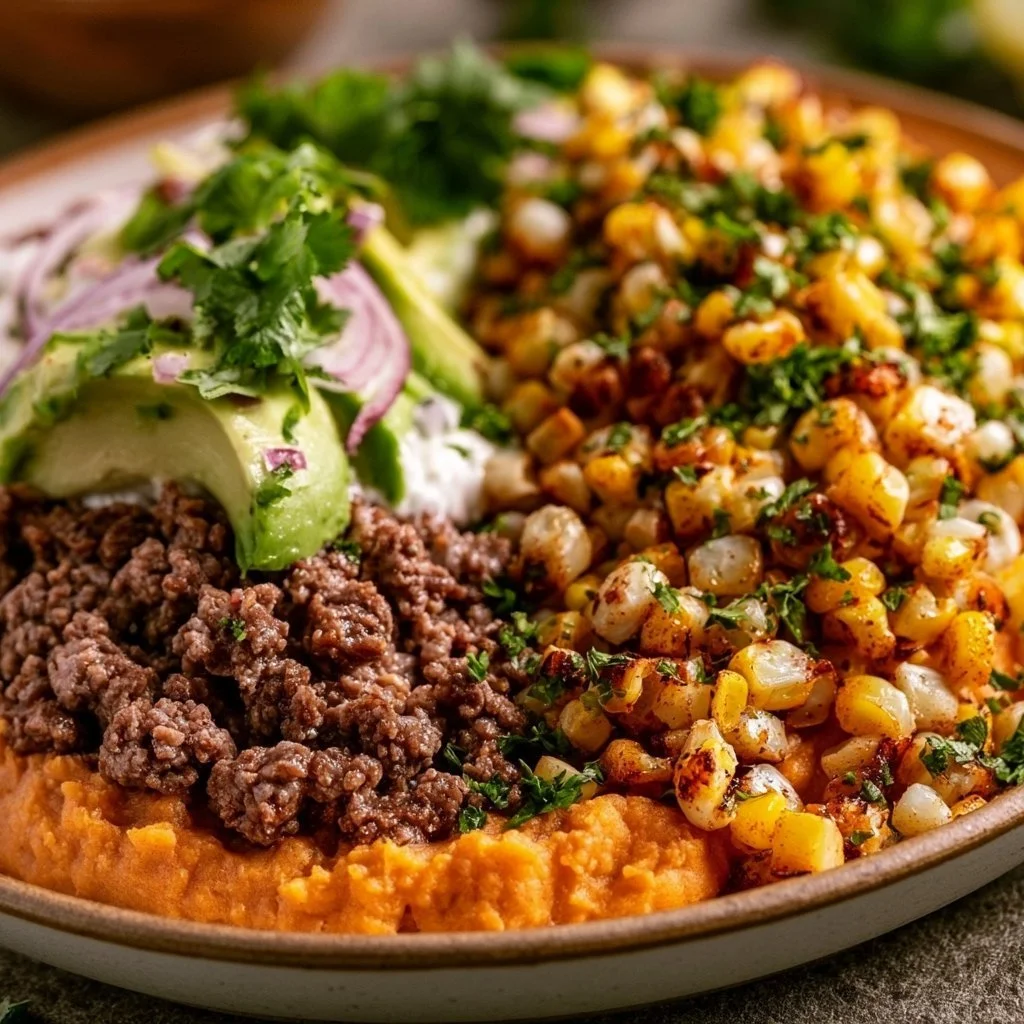Delicious Ground Beef Sweet Potato Bowl with Mexican Street Corn garnish