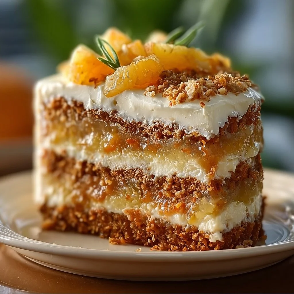 Delicious Hawaiian Carrot Pineapple Cake with creamy frosting and tropical toppings.