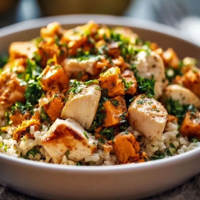 Healthy chicken and sweet potato rice bowl with vibrant vegetables