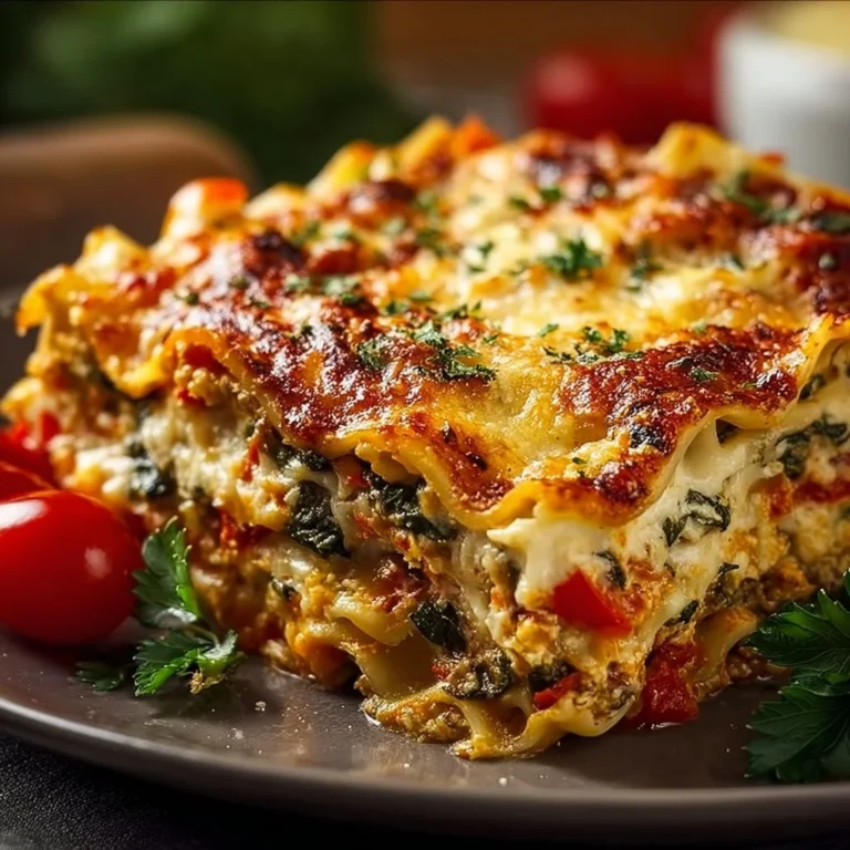 Hearty baked Italian vegetable lasagna with layers of cheese and fresh vegetables.