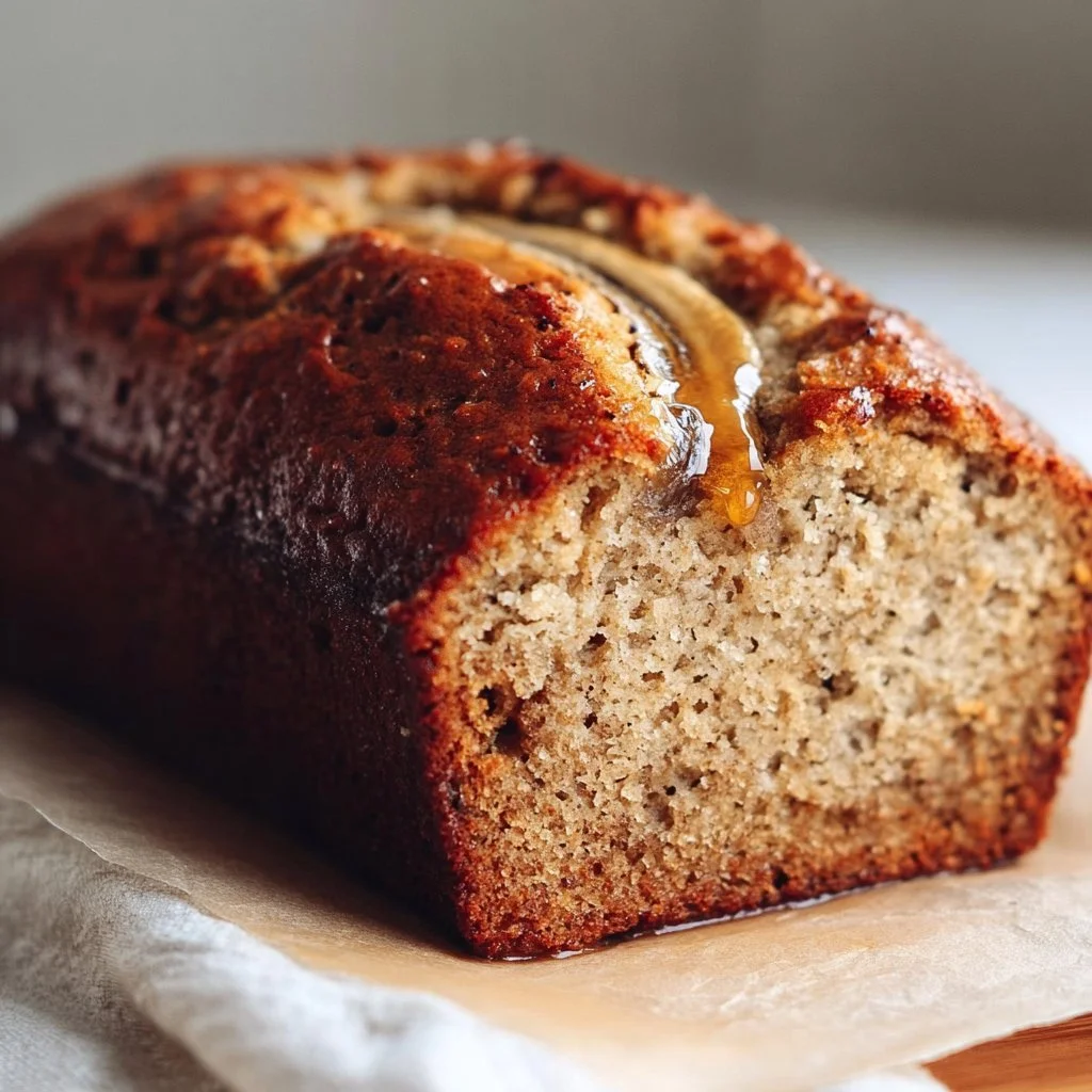 Honey vanilla banana bread fresh out of the oven, golden and delicious.