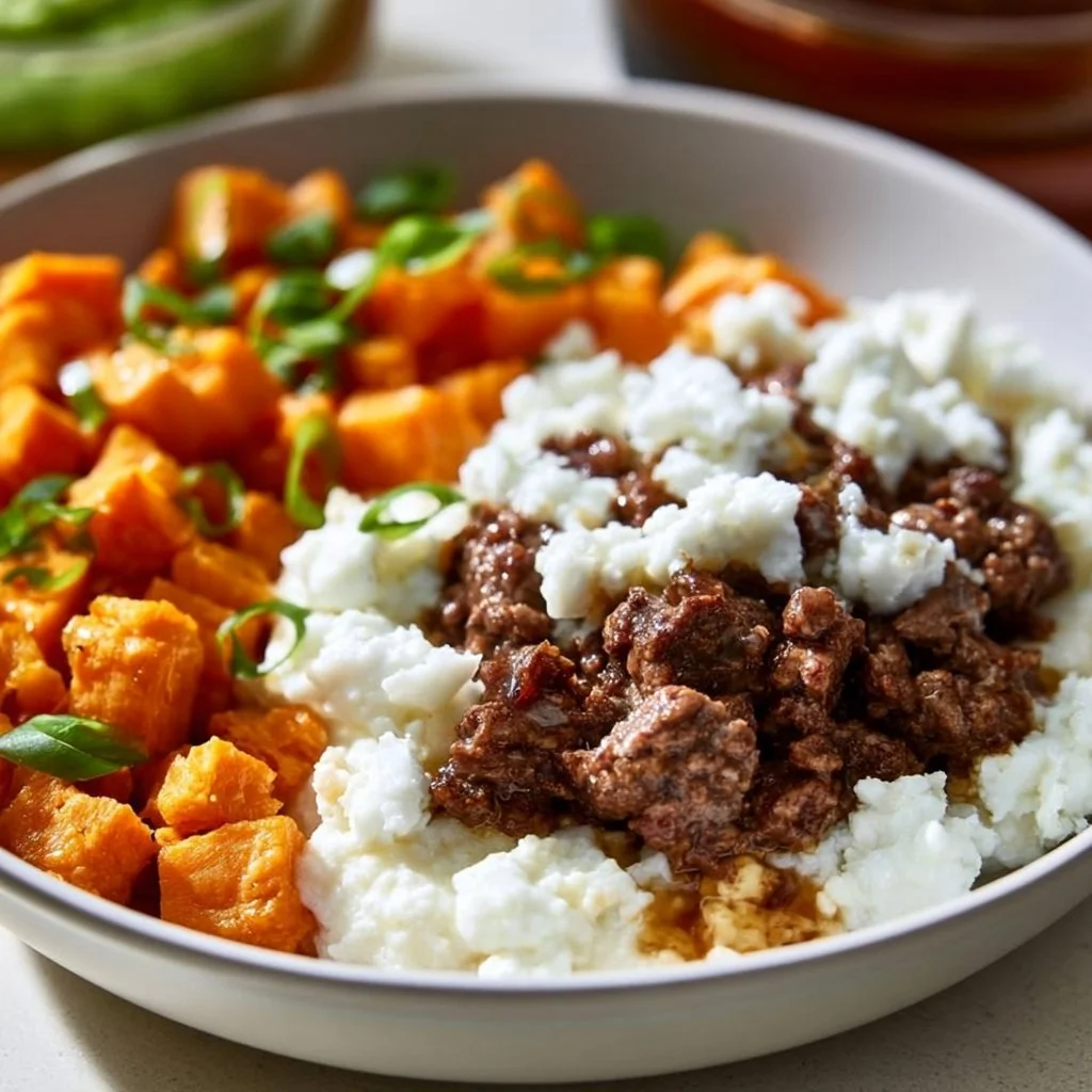 Hot Honey Cottage Cheese Sweet Potato Beef Bowl