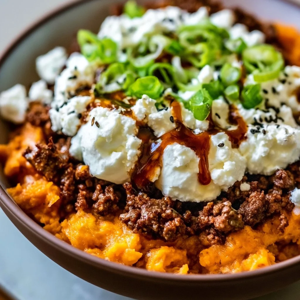Hot Honey Cottage Cheese Sweet Potato Beef Bowl