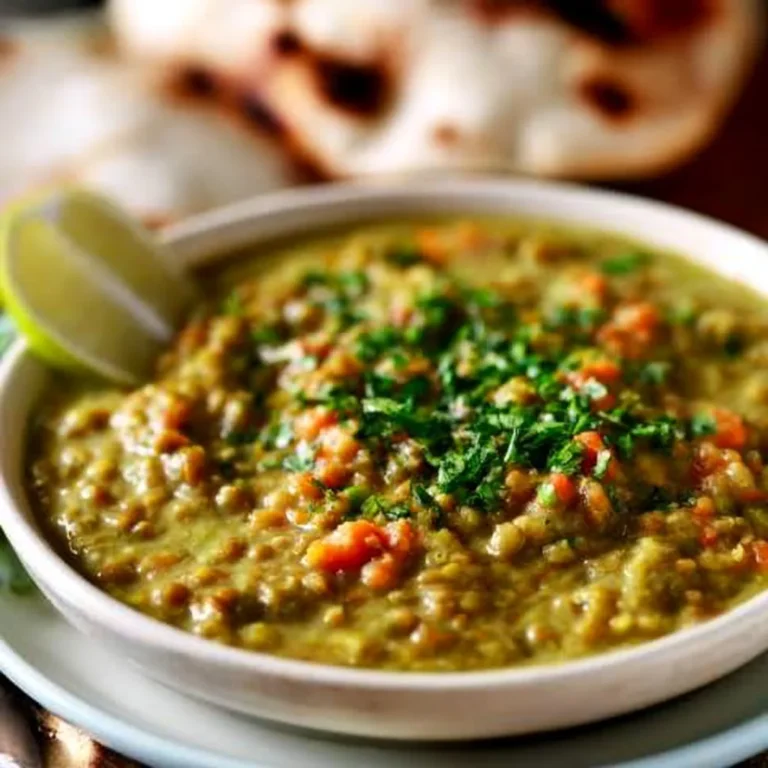 Bowl of Indian green lentil stew served with spices and herbs.