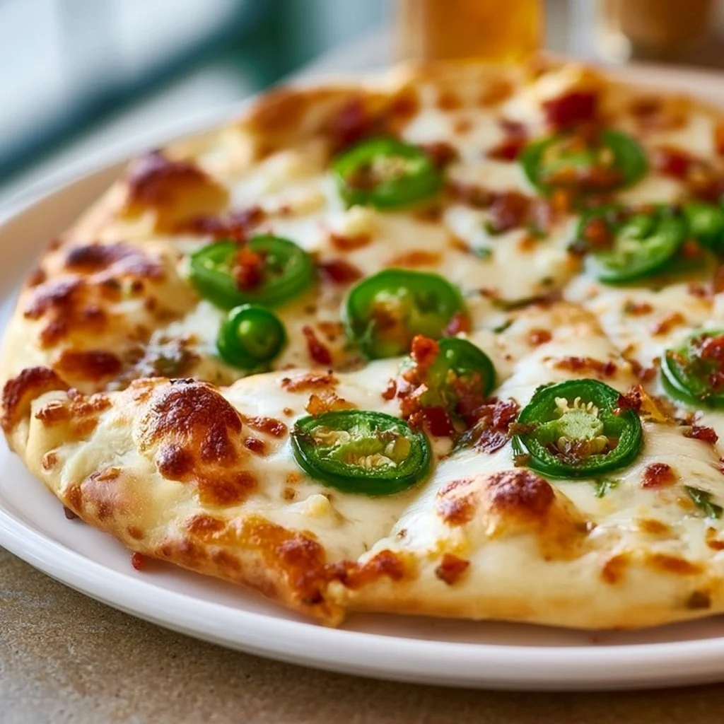 Delicious jalapeño popper pizza topped with spicy jalapeños and melted cheese.