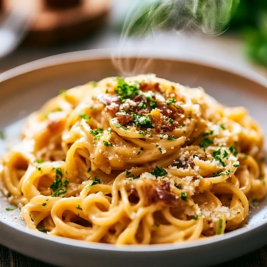 Bowl of Japanese-Style Miso Carbonara with creamy sauce and toppings