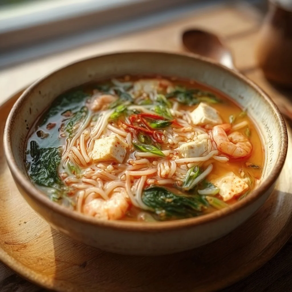 A bowl of spicy Jjamppong, a Korean seafood noodle soup, garnished with vegetables.