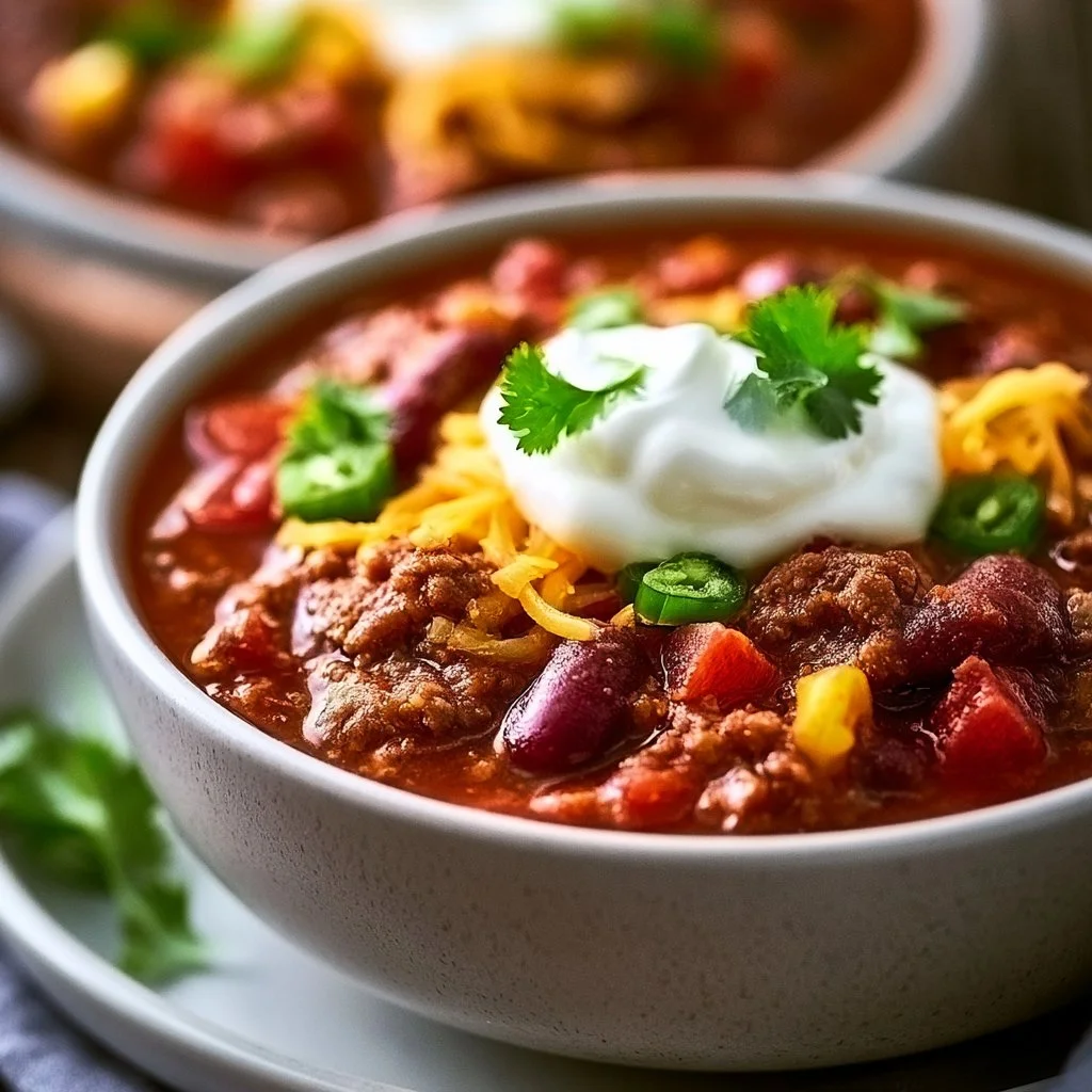 Bowl of Keto Crock Pot Chili topped with cheese and cilantro