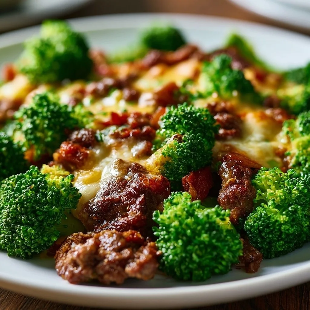 Keto Hamburger Broccoli Skillet served in a skillet, garnished with herbs