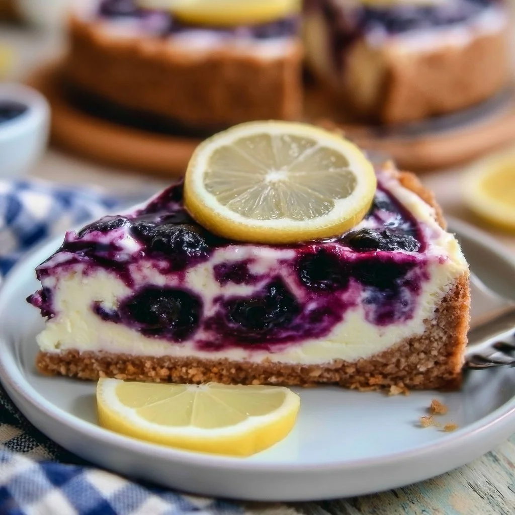 Slice of lemon blueberry cheesecake topped with fresh blueberries and lemon zest