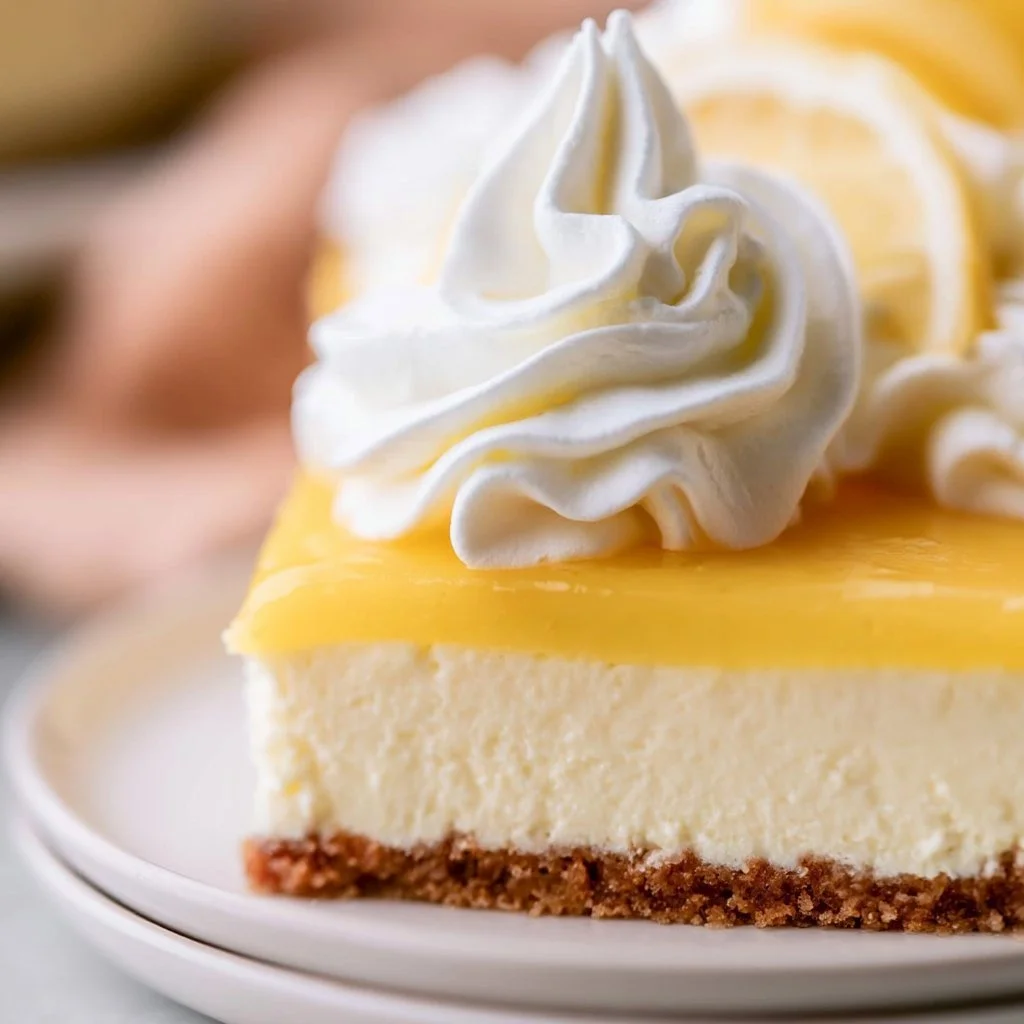 Delicious lemon curd cheesecake topped with fresh lemons and whipped cream