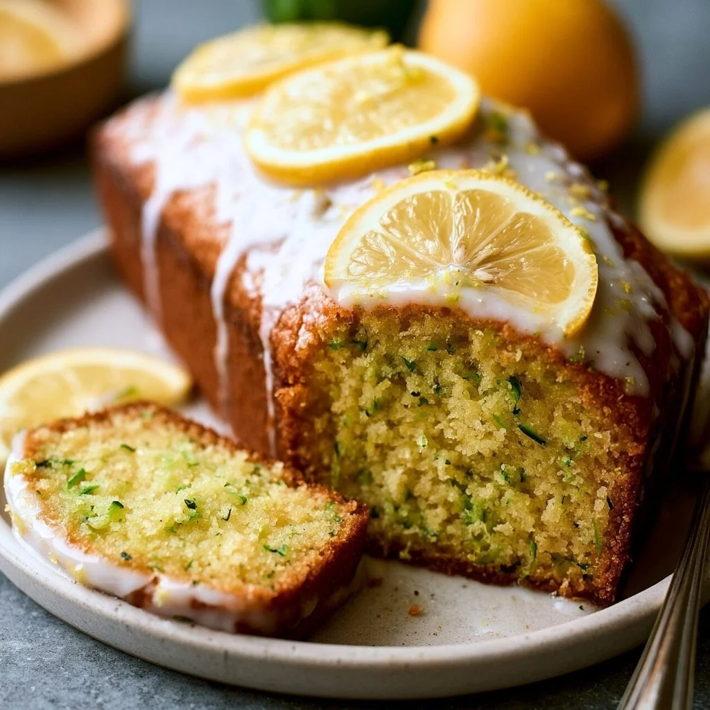 Moist lemon zucchini bread loaf with a slice to display the texture