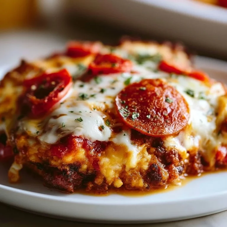 Low Carb Pizza Casserole serving topped with cheese and pepperoni.