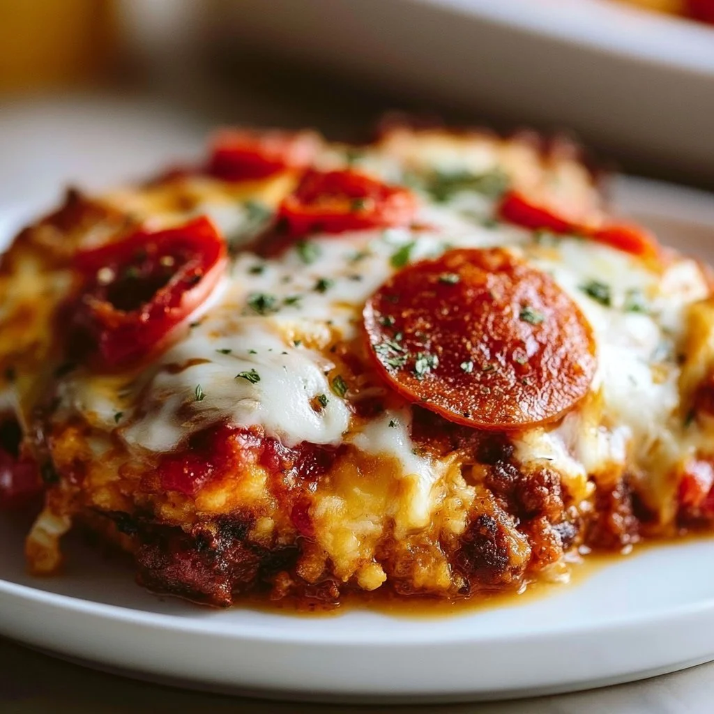 Low Carb Pizza Casserole serving topped with cheese and pepperoni.