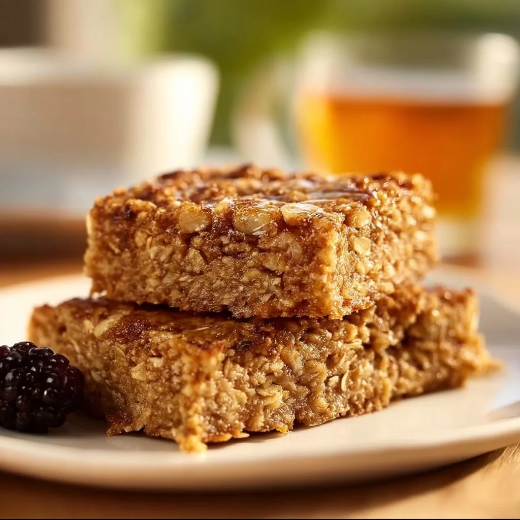 Maple Cinnamon Oatmeal Breakfast Bars on a wooden table with honey drizzled on top.