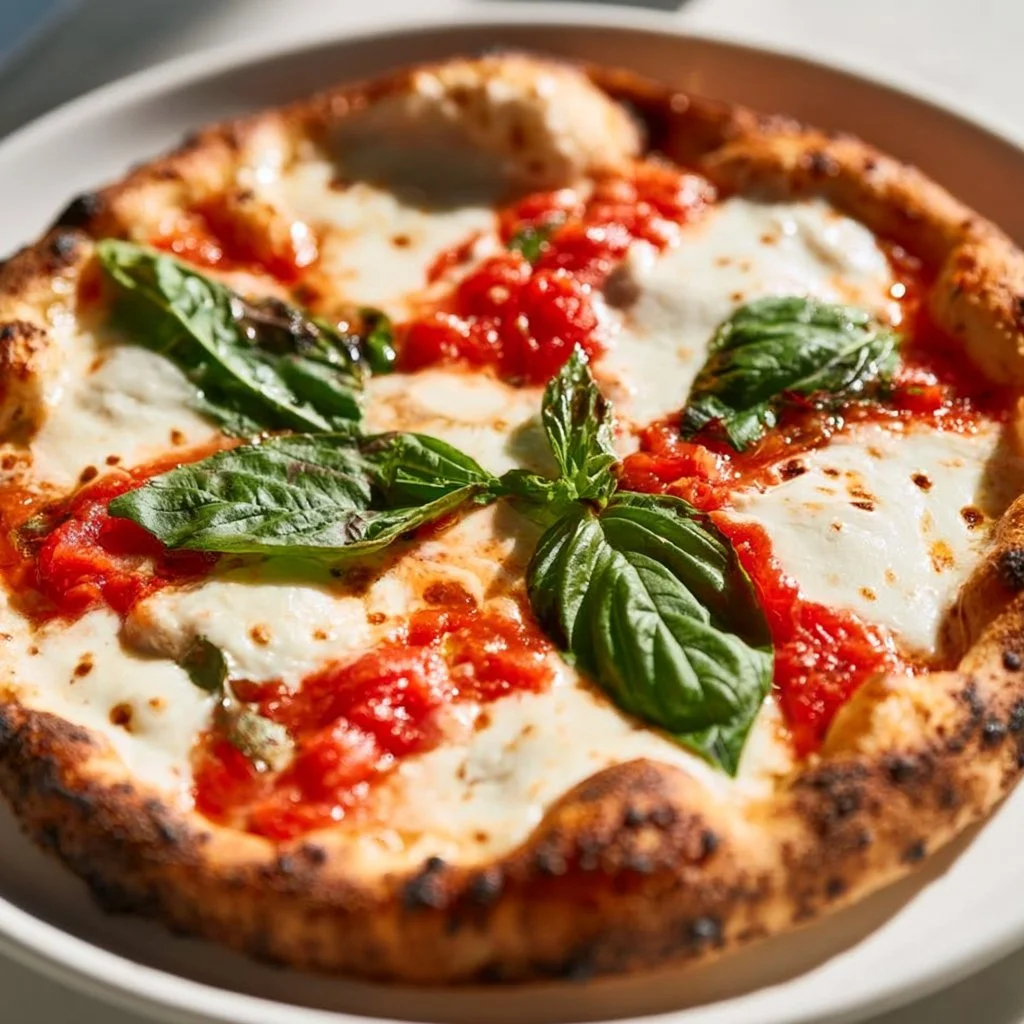 Delicious Margherita pizza with fresh mozzarella, tomatoes, and basil on a wooden table