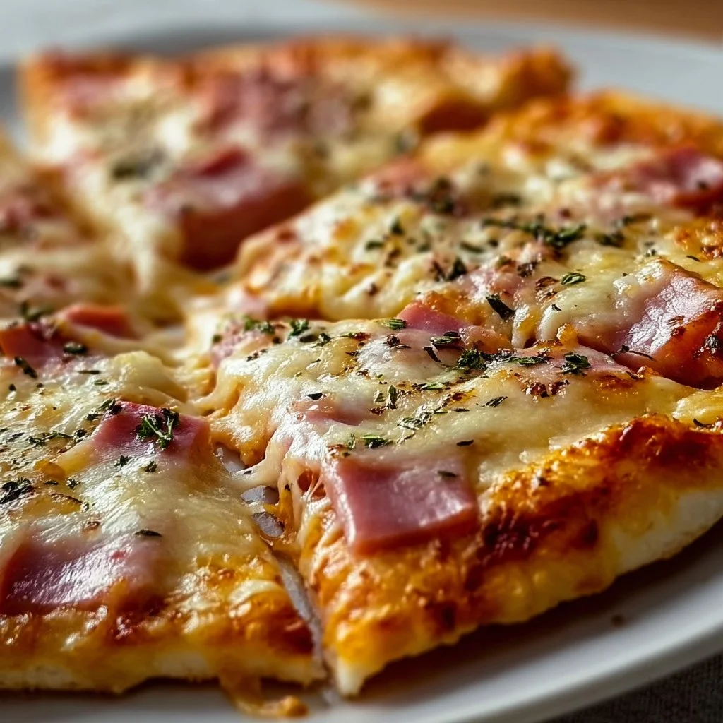 Delicious melt-in-your-mouth ham and cheese pizza fresh out of the oven