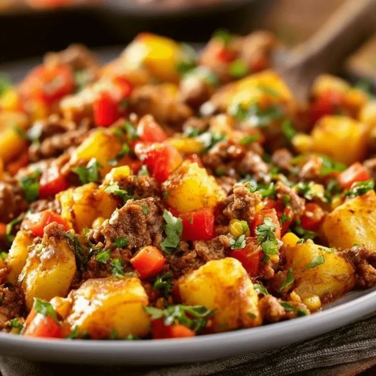 Delicious Mexican Ground Beef and Potato Skillet in a pan ready to serve.