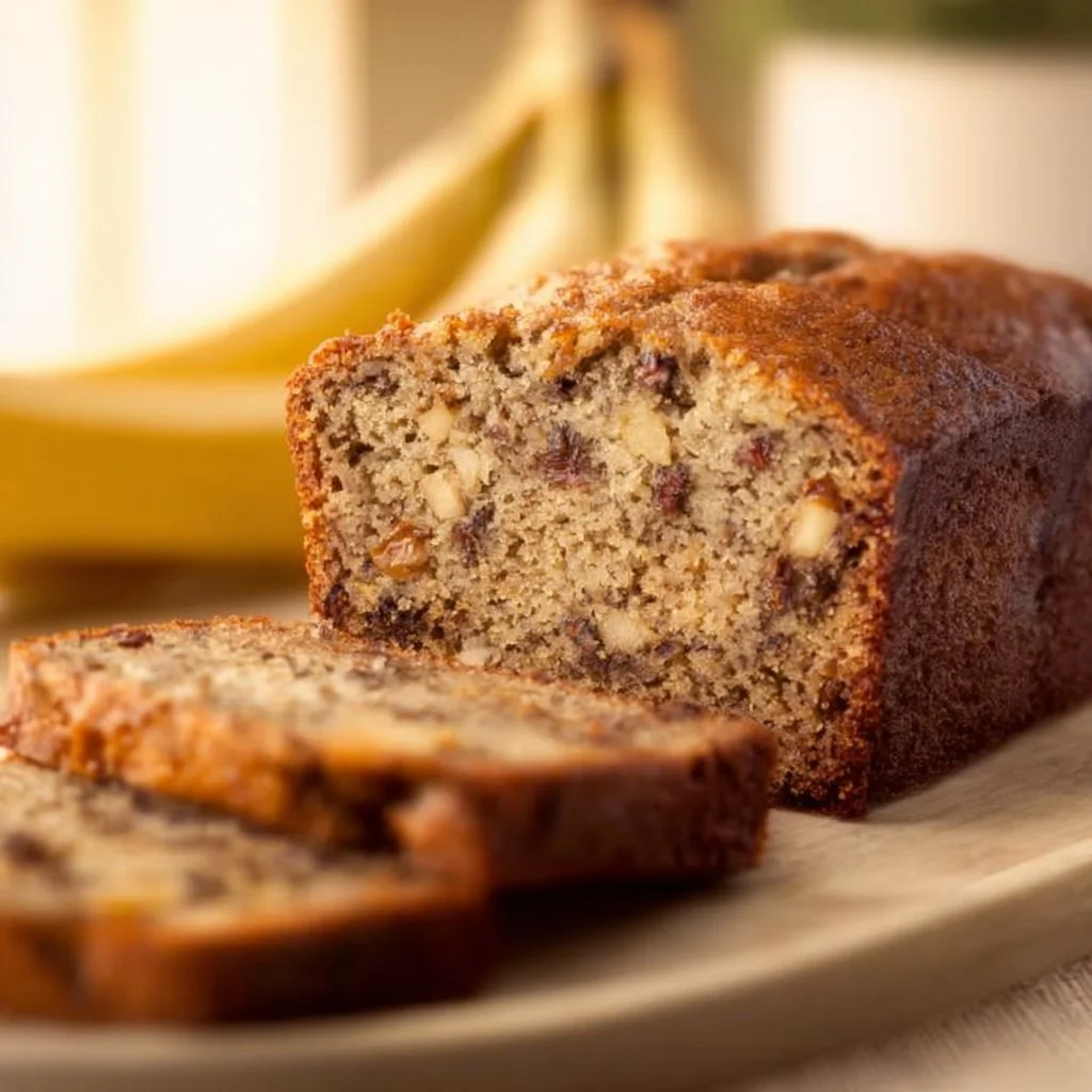 Moist banana nut bread loaf with walnuts and a slice on a plate