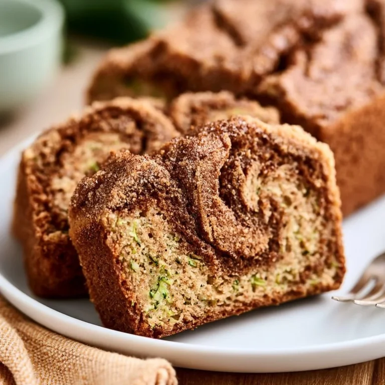 Sliced moist cinnamon swirl zucchini bread on a wooden cutting board.